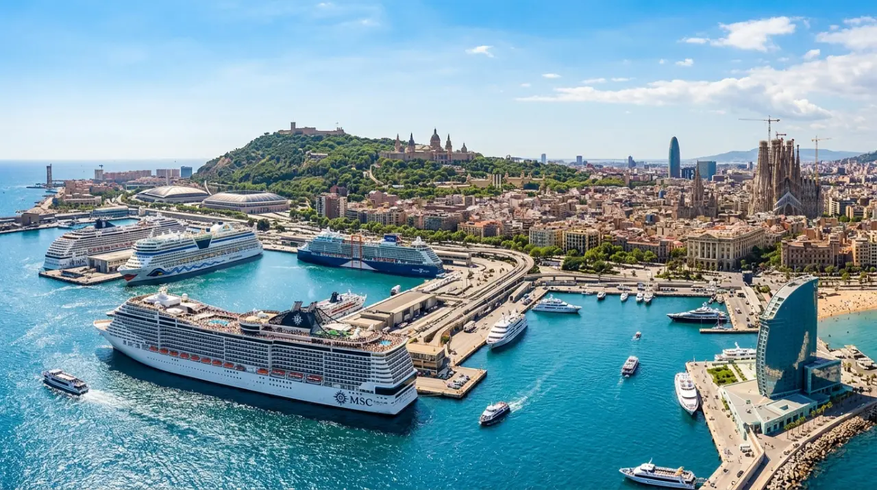 Port of Barcelona with Sagrada Familia in background